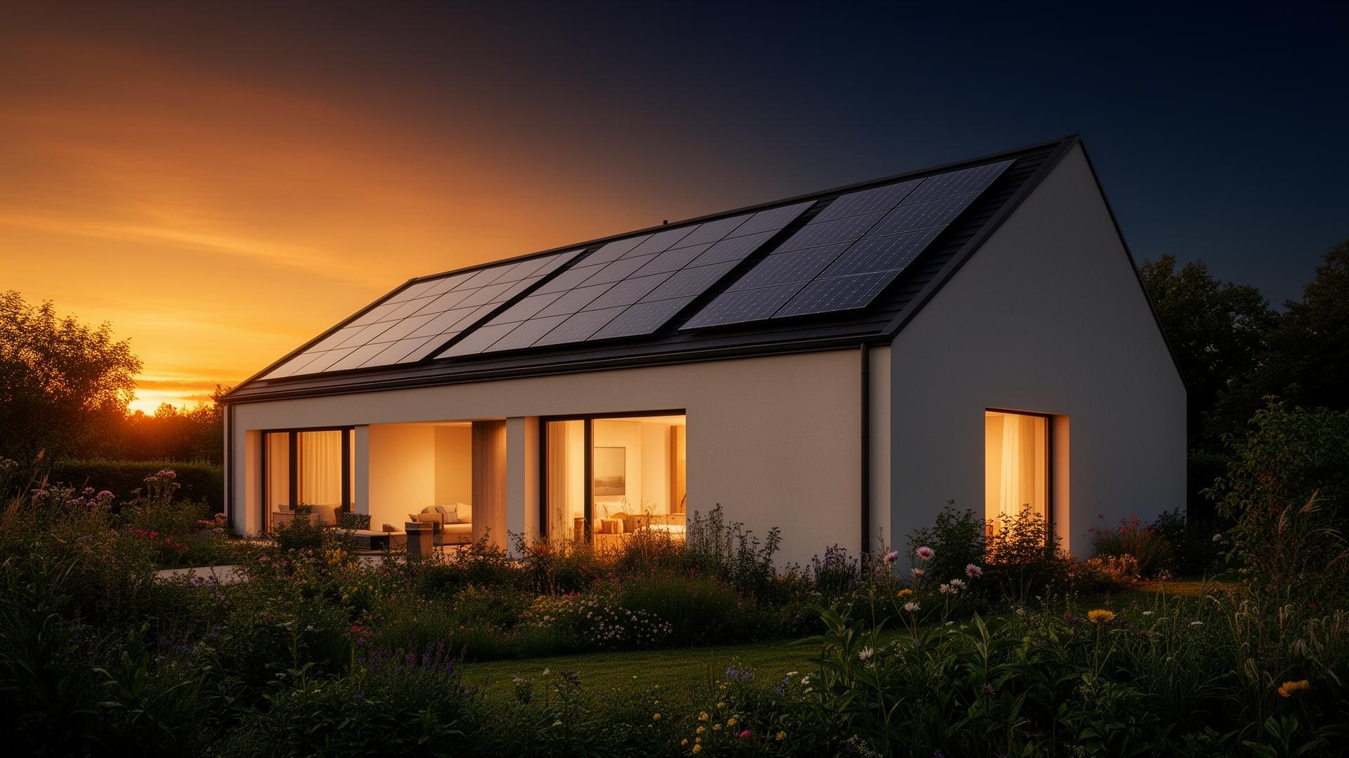 Casa moderna con impianto fotovoltaico al tramonto